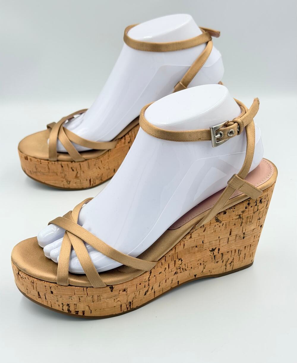 Prada Strappy Sheen Satin Lightweight Cork Platform Wedge Sandal Size 38.5/8.5US